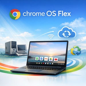 Op de afbeelding: Een laptop met de tekst "chrome OS Flex" en een Chrome-logo tegen een blauwe lucht. Het laptopscherm toont een strandscène met app-pictogrammen. Een desktopcomputer en een kleinere laptop staan op de achtergrond.