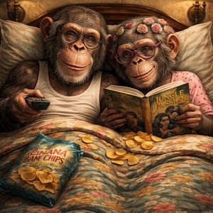 Könnte beinhalten: Zwei Schimpansen im Bett, mit Brille, lesen. Einer hält eine Fernbedienung, der andere ein Buch mit dem Titel „Jungle Passion“. Eine Tüte „Banana Bam Chips“ und verstreute Chips liegen auf der floralen Bettdecke. Zwei Lampen flankieren das Bett.