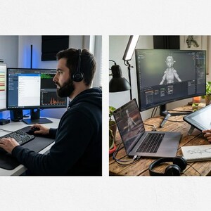 Könnte beinhalten: Zwei Personen arbeiten an Computern. Einer verwendet eine Tastatur und mehrere Monitore, der andere einen Stift und ein Tablet. Beide haben Laptops und Kopfhörer. Das Bild zeigt eine Home-Office-Einrichtung.