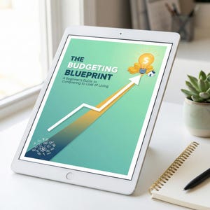 May include: A white tablet displays "THE BUDGETING BLUEPRINT" with an upward arrow graphic. The screen has a teal and yellow gradient background with icons of money, a lightbulb, and a house. A succulent in a small pot and a notepad with a pen are also visible.