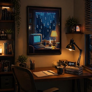 May include: A cozy desk scene with a framed pixel art window view of a rainy night. A black desk lamp illuminates a desk with a notebook, mug, and books. A digital clock displays 20:47. A bookshelf and a computer monitor are also visible.