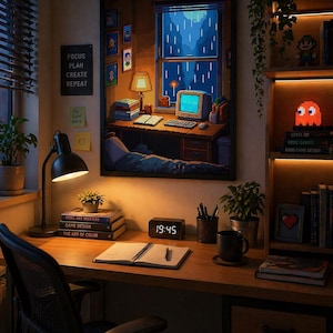 May include: A cozy desk setup with a framed pixel art scene of a computer desk by a window. A black desk lamp, books, a digital clock displaying 19:45, and a notebook are visible. The framed art has the text "FOCUS PLAN CREATE REPEAT".