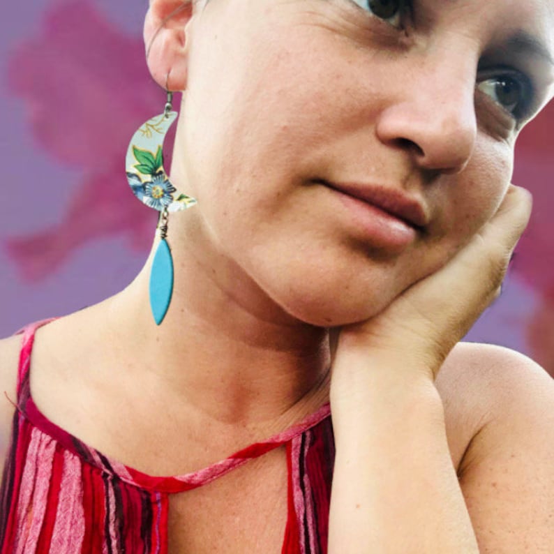 Gemstone Jewelry Upcycled Jewelry Moon Jewelry Crescent Moon Earrings w Clear Crystal Quartz Vintage Tin Earrings