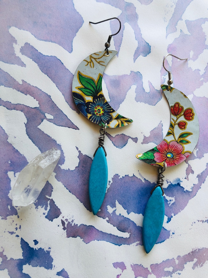 Gemstone Jewelry Upcycled Jewelry Moon Jewelry Crescent Moon Earrings w Clear Crystal Quartz Vintage Tin Earrings