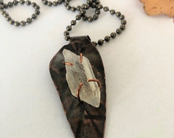 Raw Quartz Necklace, Copper Leaf Pendant, Copper Jewelry, Unique Jewelry