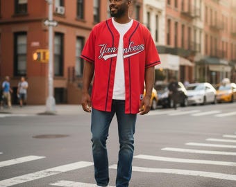 Vintage Mirage Baseball Jersey Medium Red EUC Yankees Embroidered Buttons 90s