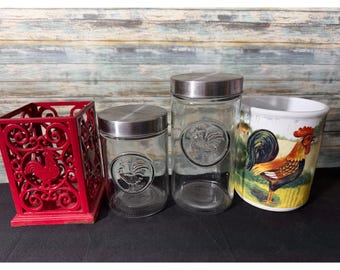 Juego de 4 botes de cocina con diseño de gallo y gallina, multicolor, excelente estado, estilo rústico.