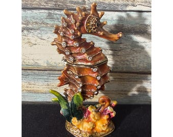 SC Seahorse Trinket Box Small Orange Excellent Bejeweled Enamel Magnetic Metal