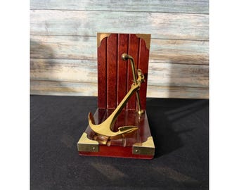 Vintage Nautical Anchor Bookend OS Brown Excellent Brass Wood Coastal Decor
