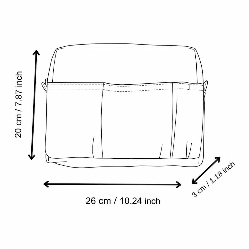 May include: A black and white line drawing of a rectangular bag with three front pockets. The diagram indicates a height of 7.87 inches, a width of 10.24 inches, and a depth of 1.18 inches, with arrows showing the measured dimensions clearly.