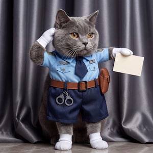 Può includere: Un gatto grigio vestito con un'uniforme da poliziotto, completa di camicia azzurra, pantaloncini blu scuro, cintura marrone e fondina. Il gatto indossa guanti e calzini bianchi, tenendo in mano un biglietto vuoto. L'uniforme ha una toppa "POLICE".
