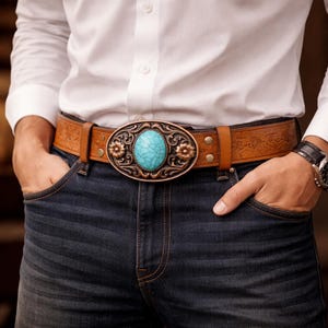 Leatherock Western Leather Belt Ram Skull Turquoise Inlay Brown Silver Buckle M Womens Nocona Embossed Leather Brown/Turquoise Belt - Saddle  main image 3