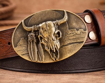 Western Cowboy Belt Bull Buckle PU Leather I Floral Engraved Jeans Belt Men I Vintage Country Waist Strap .