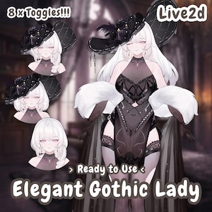 Può includere: Illustrazione di un'elegante Gothic Lady con capelli bianchi, che indossa un abito nero, un cappello e dettagli in pelliccia. L'immagine include il testo "8 x Toggles!!!", "Live2d" e "Ready to Use". L'estetica generale è scura e stilizzata.
