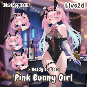 May include: A Live2D digital character illustration of a pink-haired figure wearing a black bunny suit with ears, a pink bow, and white cuffs. The character is shown in multiple expressions alongside text reading 13 x Toggles, Live2d, Ready to Use, and Pink Bunny Girl.