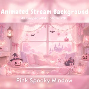 Op de afbeelding: Een geanimeerde stream-achtergrond met een roze raamscène en Halloween-decoraties. De afbeelding toont roze pompoenen, spoken, vleermuizen en lichtjes aan gordijnen. De tekst luidt Animated Stream Background en Pink Spooky Window.