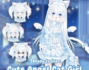 LIVE 2D Modell Süßer Engel Cat-Girl Vtube Modell | Gebrauchsfertige Premade Vtuber | Youtube Stream/Twitch Live-Bild von einem vollgeladenen Vtuber Studio