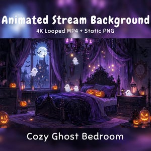 Könnte beinhalten: Animierter Stream-Hintergrund mit einem Schlafzimmer in violettem Licht, einem Bett mit Kürbissen und schwebenden weißen Geistern. Der Text lautet: Animated Stream Background, 4K Looped MP4 + Static PNG, Cozy Ghost Bedroom. Die Szene zeigt ein Schloss bei Vollmond.