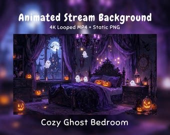 Anime-Hintergrund: Lila-gothisches Schlafzimmer, Kawaii-Geist, gruseliger Kürbis, Mond, Twitch-Overlay, VTuber-Stream, Discord, YouTube, OBS
