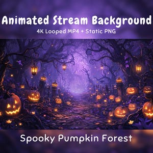 May include: Animated stream background featuring a dark, purple-toned forest path illuminated by glowing jack-o'-lanterns and hanging lanterns. The text reads Animated Stream Background, 4K Looped MP4 + Static PNG, and Spooky Pumpkin Forest.