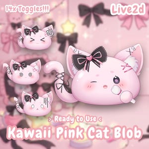 Puede incluir: Una ilustración digital de un personaje de gato rosa en forma de gota con cuatro variaciones. El personaje presenta un lazo negro con un corazón rosa, detalles de orejas cosidas y una cola con acentos de cinta negra. El texto incluye 14x Toggles!!!, Live2d, Ready to Use y Kawaii Pink Cat Blob.