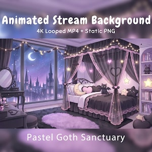 May include: An animated stream background featuring a bedroom with a canopy bed, a vanity, and a bookshelf. The room has purple and black tones, star and moon decorations, and a large window overlooking a night cityscape with a crescent moon.