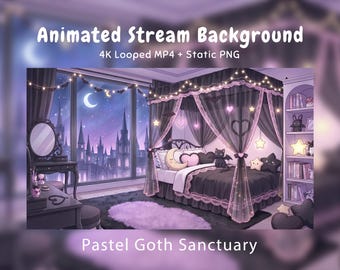 Hintergrund Anime animiert Gothic Schlafzimmer, Pastel Goth, Schlossaussicht, Fledermaus, Schwarze Katze, Mond, Twitch Overlay, VTuber Stream, Discord Youtube OBS