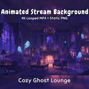 Nime Animerad Bakgrund Mysig Spöklounge, Lila Spöksalong, Magisk Spis, Twitch Overlay, VTuber Stream, Discord Youtube OBS