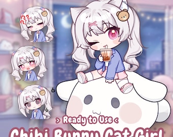 LIVE 2D Modell Chibi Bunny Cat-Girl Vtube Modell | Gebrauchsfertige Premade Vtuber | Youtube Stream/Twitch Live-Bild von einem vollgeladenen Vtuber Studio
