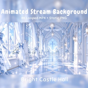 Pode incluir: Um fundo de stream animado intitulado Bright Castle Hall, apresentando um corredor interior azul claro com janelas em arco, cortinas brancas, lanternas suspensas e faixas azuis. O texto diz Animated Stream Background 4K Looped MP4 + Static PNG.