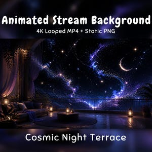 Könnte beinhalten: Animierter Stream-Hintergrund mit dem Titel Cosmic Night Terrace, bestehend aus einer 4K-Loop-MP4 und einer statischen PNG-Datei. Die Szene zeigt einen Balkon bei Nacht mit Sofa, Laternen und Blick auf eine violett-blaue Galaxie mit Mondsichel.