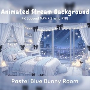 Peut inclure: Un arrière-plan de stream animé représentant une chambre avec une literie bleu pastel, des rideaux blancs à nœuds noirs, des guirlandes lumineuses et des lampes en forme de lapin. Vue sur une ville la nuit. Texte : Animated Stream Background 4K Looped MP4 + Static PNG Pastel Blue Bunny Room.