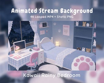Gemütlicher, regnerischer Anime-Hintergrund in Pastellblau für ein Schlafzimmer, Kawaii-Tier, Hase/Bär, Twitch-Overlay, VTuber-Stream, Discord, YouTube OBS