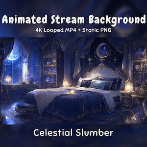 Anime Animated Background Royal Blue Bedroom, Magic Palace, Moon, Starry Night, Crystals, Twitch Overlay, VTuber Stream, Discord Youtube OBS