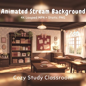 Könnte beinhalten: Ein animierter Stream-Hintergrund, der ein Lernzimmer mit Holztischen, einem großen Bücherregal, einer Pinnwand mit einer rosa Schleife und einem Fenster mit weißen Vorhängen zeigt. Text: Animated Stream Background 4K Looped MP4 + Static PNG Cozy Study Classroom.