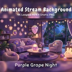 以下が含まれることがあります： 「Purple Grape Night」と題されたアニメーション配信背景。紫色の家具、ソファ、アームチェア、ビーズクッション、ブドウの形をした光るライトが置かれた居心地の良い部屋。ウサギの形をしたランプや星の装飾が特徴です。