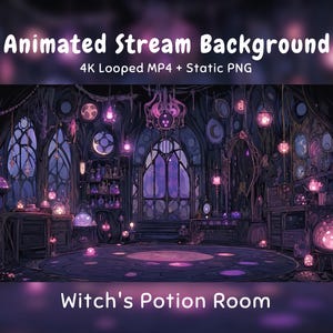 Pode incluir: Fundo de stream animado com um quarto escuro, iluminação roxa, orbes brilhantes, frascos de poções e janelas em arco. Texto: Animated Stream Background, 4K Looped MP4 + Static PNG, Witch's Potion Room. Uma ilustração digital.