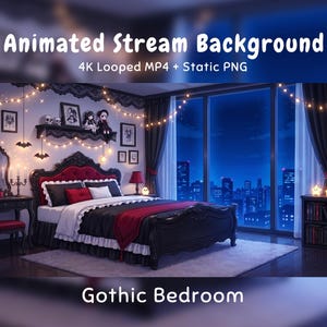 Puede incluir: Fondo de pantalla animado para streaming con un dormitorio gótico, cama negra y roja, vista a la ciudad por grandes ventanales, luces, cuadros y estante con calaveras y muñecas. Texto: Animated Stream Background 4K Looped MP4 + Static PNG Gothic Bedroom.