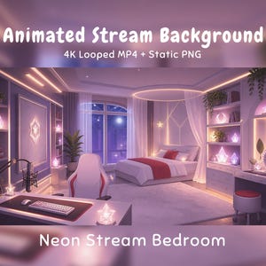 May include: An animated stream background featuring a bedroom with purple neon lighting, a desk with a keyboard and microphone, a bed with red accents, and shelves displaying glowing star and moon shapes. Text reads Animated Stream Background.