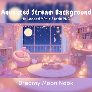 以下が含まれることがあります： 「Dreamy Moon Nook」と題されたアニメーション配信背景。大きな窓、満月、星空、ピンクのビーズクッション、円形ラグ、デスク、本棚、星型のフェアリーライトが飾られた、柔らかなパステルカラーの居心地の良い部屋が描かれています。