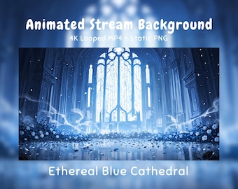 Anime-Hintergrund: Blaue Eiskathedrale, leuchtende weiße Rose, ätherisches Heiligtum, VTuber-Stream, Twitch-Overlay, Discord, YouTube, OBS