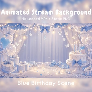 Pode incluir: Uma cena de aniversário digital com um bolo com velas, presentes embrulhados e balões em tons de azul e branco. O texto diz: Animated Stream Background, 4K Looped MP4 + Static PNG, Blue Birthday Scene. Laços decorativos e luzes brilhantes.