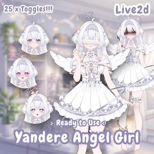 May include: A Live2D digital character model titled Yandere Angel Girl with 25 x Toggles. The character has white hair, purple eyes, a halo, and white wings, wearing a white ruffled dress. Includes multiple facial expressions and a knife accessory.