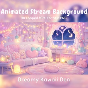 Peut inclure: Un arrière-plan de stream animé intitulé Dreamy Kawaii Den représentant une pièce confortable avec un canapé rose, des coussins en forme de cœur et d'étoile, des guirlandes lumineuses, une vue sur le ciel nocturne et divers objets décoratifs.