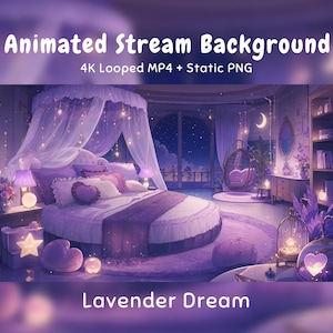 Könnte beinhalten: Ein animierter Stream-Hintergrund mit dem Titel Lavender Dream, der ein Schlafzimmer mit rundem Bett, Himmelbett, Hängesessel und Regalen zeigt. Der Raum ist in Violetttönen gehalten und mit leuchtenden Stern- und Herzlichtern dekoriert. Der Text lautet Animated Stream Background 4K Looped MP4 + Static PNG.