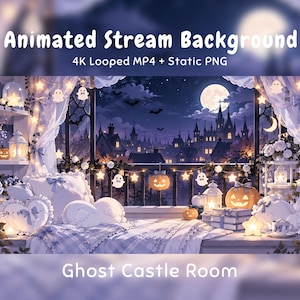 Peut inclure: Arrière-plan de stream animé montrant une chambre avec vue sur un château sous une pleine lune. La pièce contient des oreillers blancs, des guirlandes lumineuses en étoile, des fantômes et des citrouilles. Texte : Animated Stream Background 4K Looped MP4 + Static PNG Ghost Castle Room.