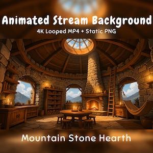 Könnte beinhalten: Animated Stream Background 4K Looped MP4 + Static PNG Mountain Stone Hearth. Ein runder Raum aus Stein mit einem zentralen Kamin, Holzmöbeln, einer Hängematte, Bücherregalen und Fenstern mit Blick auf eine Berglandschaft unter blauem Himmel.
