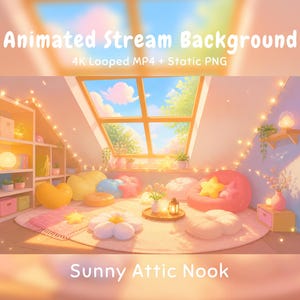 Op de afbeelding: Een geanimeerde stream-achtergrond getiteld Sunny Attic Nook, met een gezellige kamer met een dakraam, pastelkleurige zitzakken, bloemvormige vloerkussens, lichtsnoeren, planken en een tafeltje met een lantaarn en bloemen.