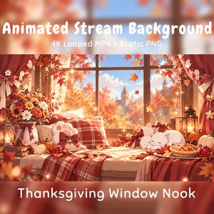 Puede incluir: Fondo animado para streaming con rincón de ventana, cortinas rojas, hojas de otoño, flores, calabazas, pastel y gato blanco durmiendo. Texto: Animated Stream Background 4K Looped MP4 + Static PNG Thanksgiving Window Nook.