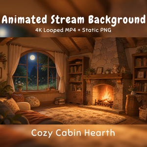 Könnte beinhalten: Ein animierter Stream-Hintergrund mit einem Hütteninterieur, einem Steinkamin, einem brennenden Feuer, Bücherregalen und einem großen Bogenfenster mit Blick auf eine Nachtszene mit Vollmond. Text: Animated Stream Background 4K Looped MP4 + Static PNG Cozy Cabin Hearth.